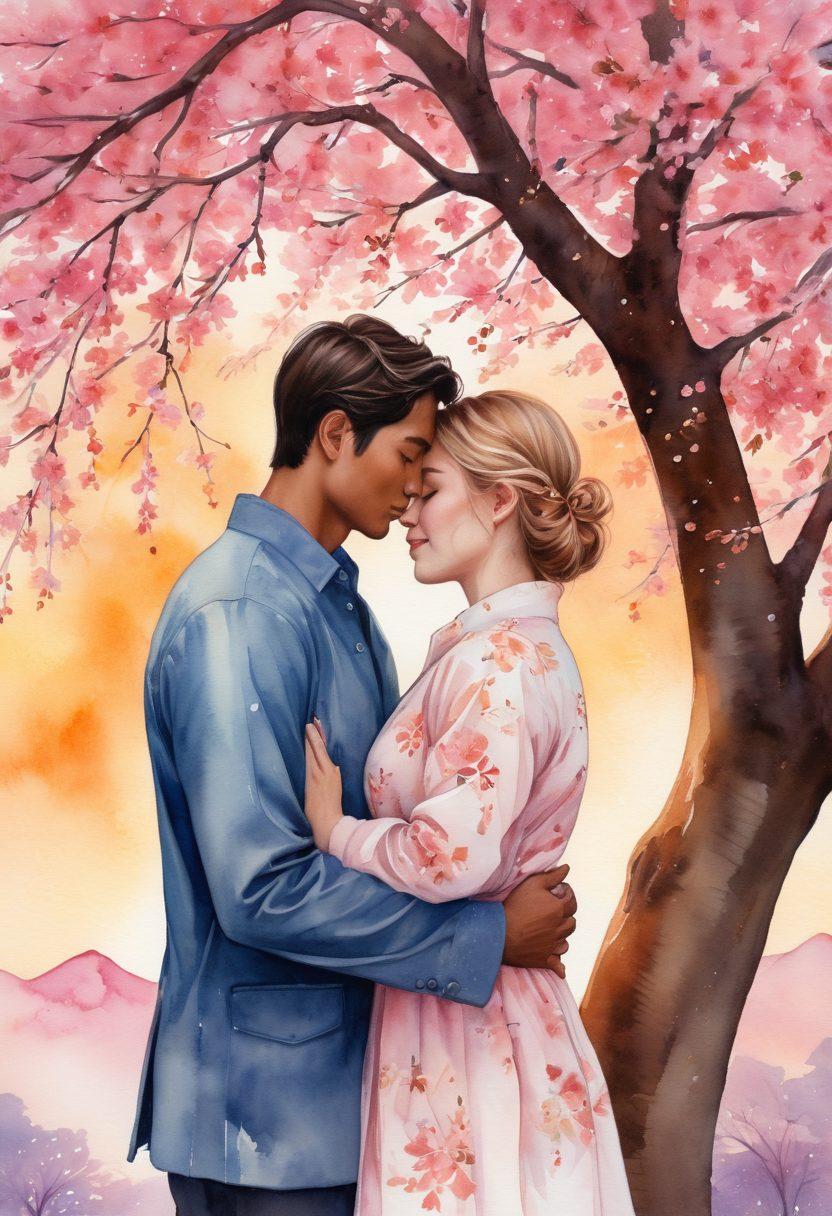 A heartfelt illustration depicting two diverse individuals sharing a warm embrace under a blooming cherry blossom tree, symbolizing love and connection. Surround them with subtle hints of romantic artifacts like love letters and intertwined rings. Include a softly glowing sunset in the background, casting a warm light that enhances the emotional atmosphere. watercolor painting. vibrant colors. dreamy and romantic.