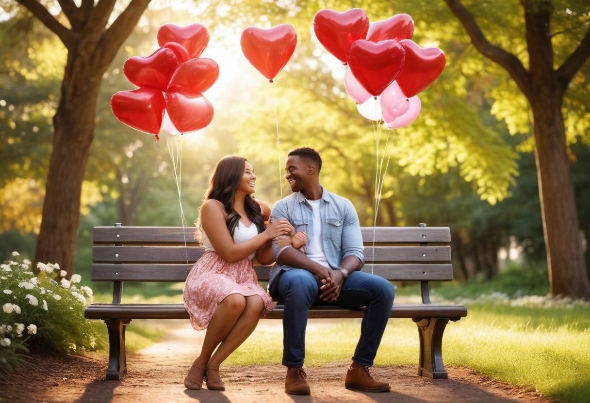 A cozy, intimate setting featuring a diverse couple sitting on a park bench, sharing a heartfelt laugh while surrounded by heart-shaped balloons and soft flowers in full bloom. Sunlight filters through the trees, creating a warm, glowing atmosphere that conveys love and connection. Include subtle symbols of togetherness like intertwined hands and photo memories. super-realistic. vibrant colors. soft focus.
