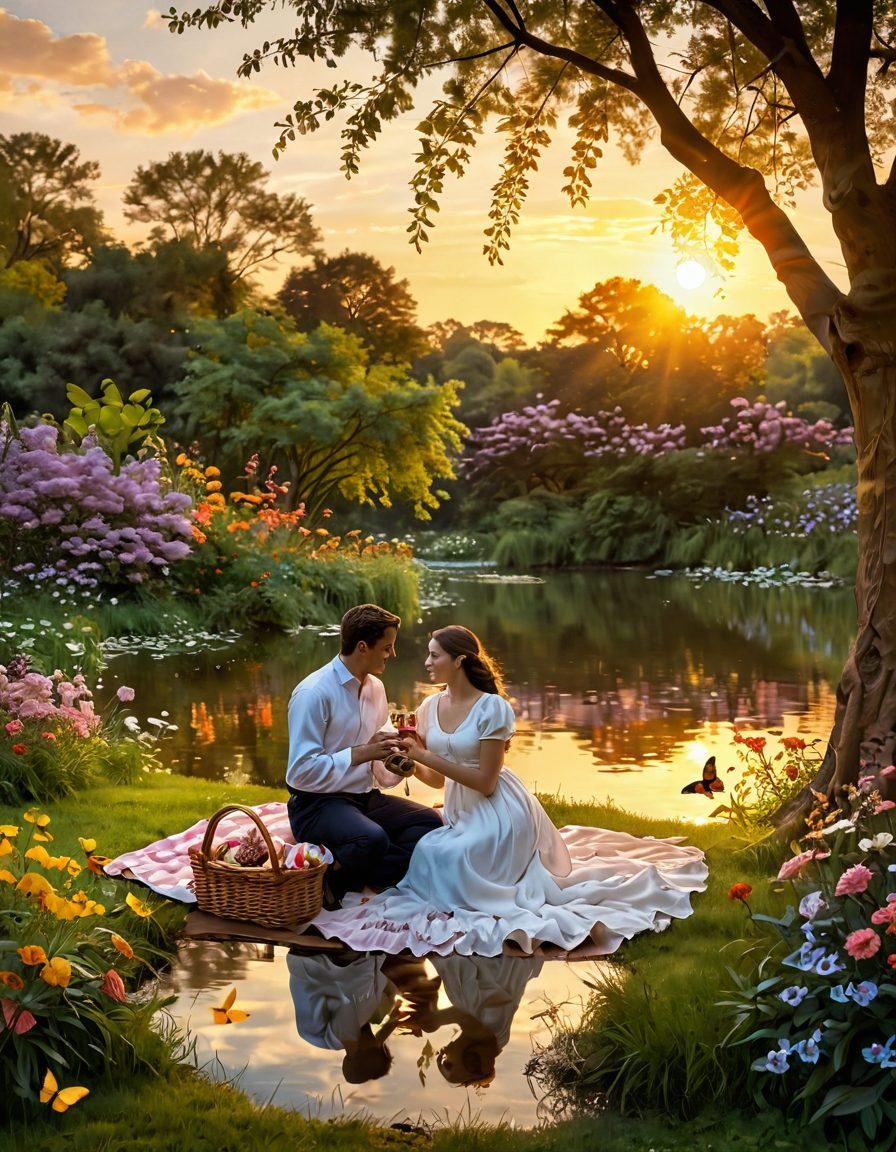 A harmonious scene depicting a couple enjoying a picnic in a lush park, surrounded by blooming flowers and butterflies, symbolizing the journey from courtship to companionship. The couple is smiling and engaged in a deep conversation, with subtle hints of affection. The background includes a gently flowing river and a sunset casting a warm glow over the scene. romantic, vibrant colors, super-realistic.